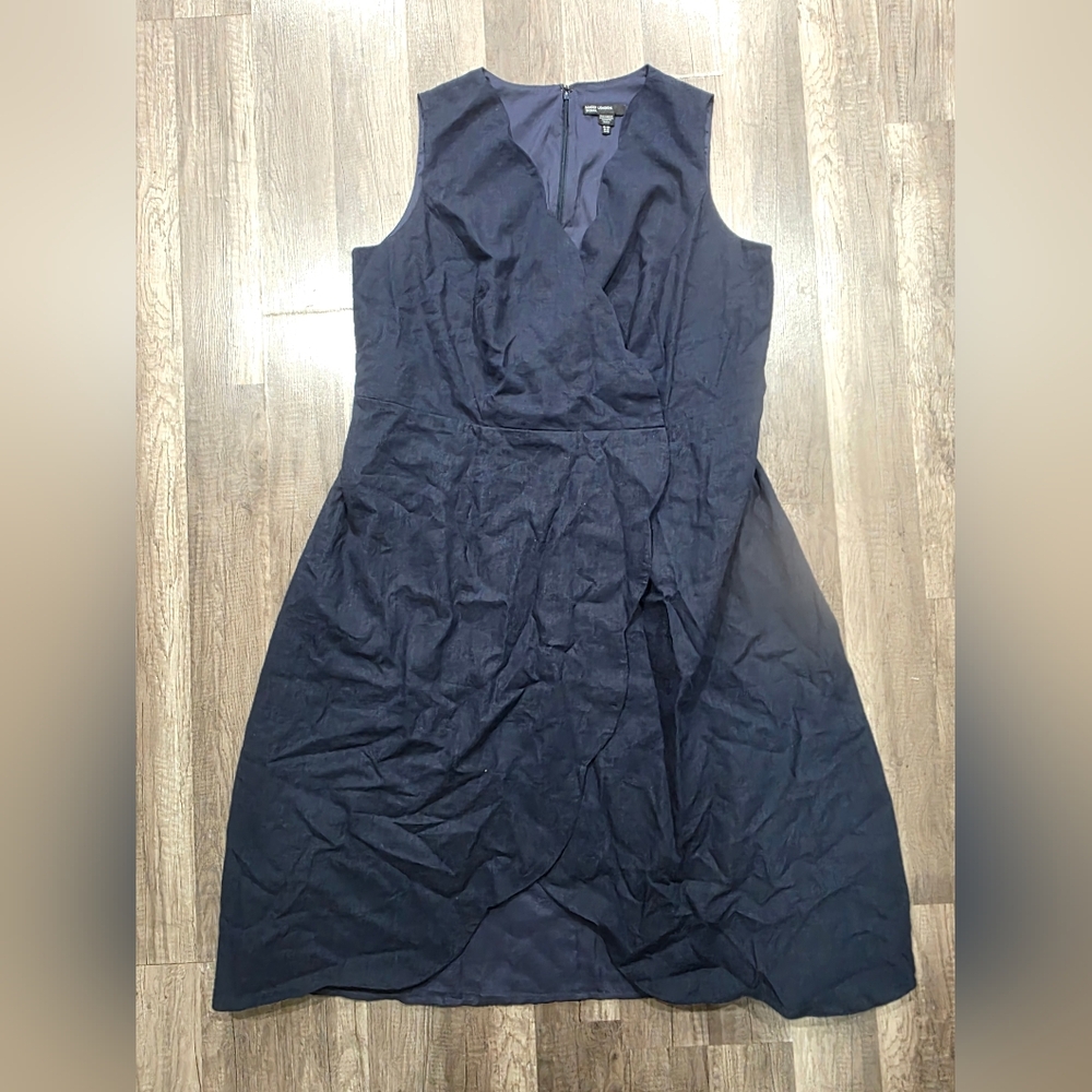 MAGGY LONDON NAVY BLUE Linen Midi Dress V Neck Wrap Formal Curvy Plus Wedding